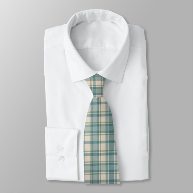 Green Blue Beige Tartan Buffalo Plaid Men's Neck Tie (Tied)
