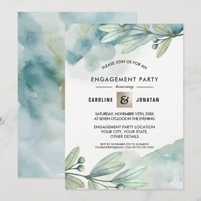 Green | Blue Berry Branch Engagement Party  Invitation (Front/Back)