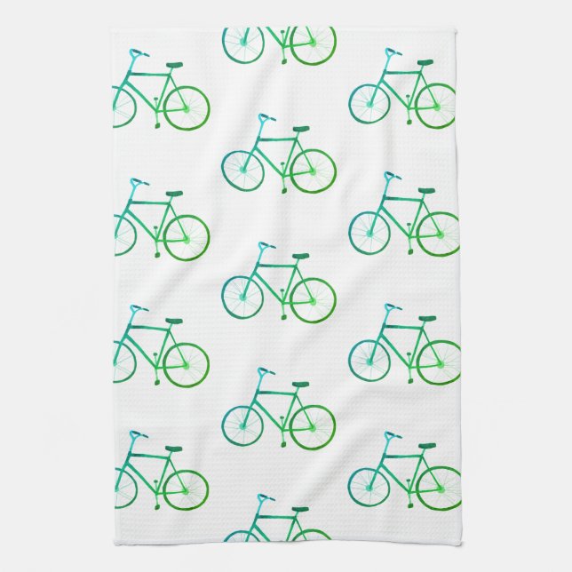 Green blue bicycles bikes pattern kitchen towel (Vertical)