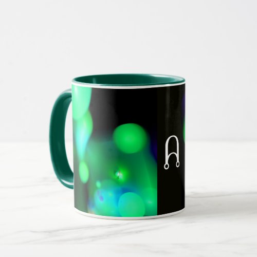 GREEN BLUE  BLACK FRACTAL BUBBLES MONOGRAM MUG