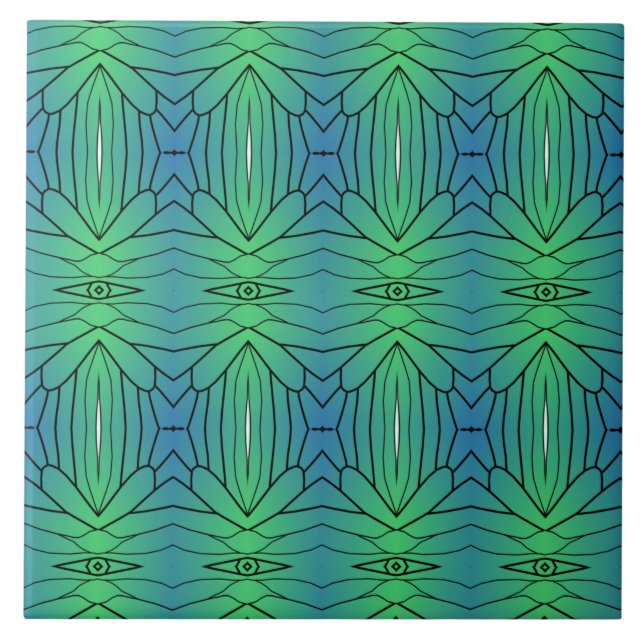 Green blue black geometric lines eyes watching ceramic tile (Front)