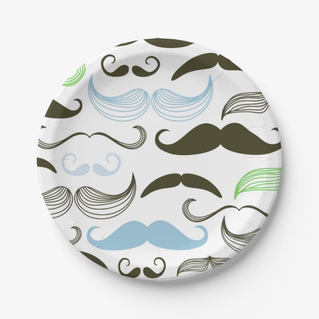 Green, Blue & Black Mustache Design Paper Plates (Front)