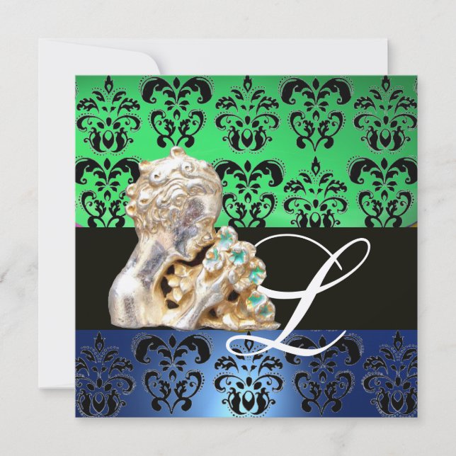 GREEN BLUE ,BLACK, WHITE DAMASK JEWEL MONOGRAM INVITATION (Front)