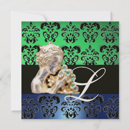 GREEN BLUE BLACK WHITE DAMASK JEWEL MONOGRAM INVITATION