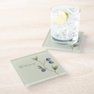 Green Blue Blueberries Fruit Glass Coaster