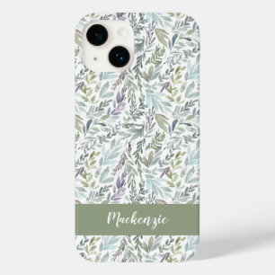 Green Blue Botanical Watercolor Monogram Name Case-Mate iPhone 14 Case