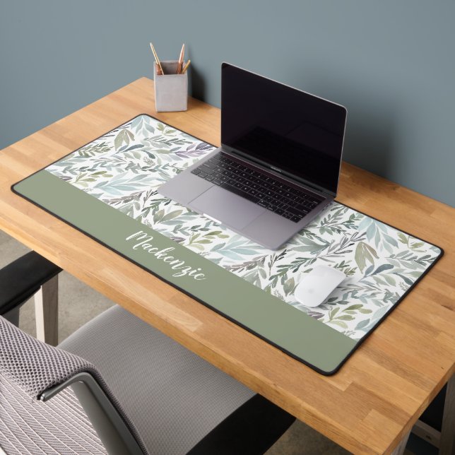 Green Blue Botanical Watercolor Monogram Name Desk Mat (Office 2)