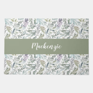 Green Blue Botanical Watercolor Monogram Name Doormat