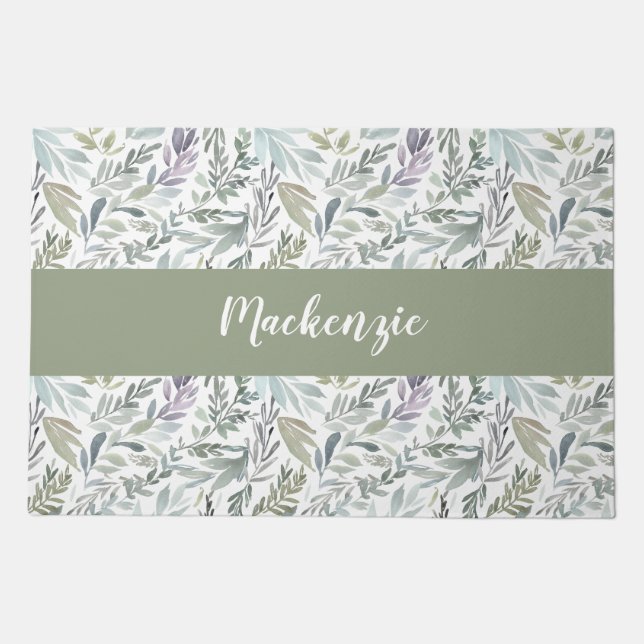 Green Blue Botanical Watercolor Monogram Name Doormat (Front)