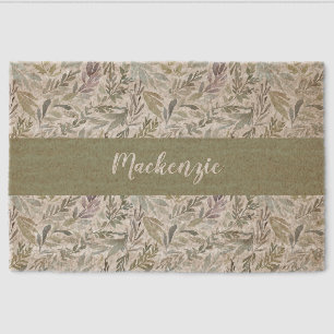 Green Blue Botanical Watercolor Monogram Name Fiber Doormat