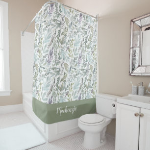 Green Blue Botanical Watercolor Monogram Name Shower Curtain