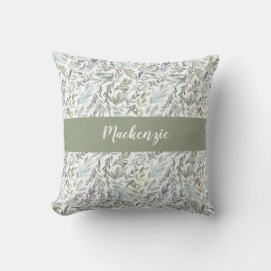 Green Blue Botanical Watercolor Monogram Name Throw Pillow