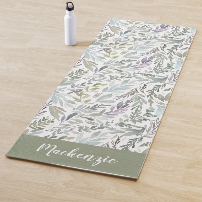 Green Blue Botanical Watercolor Monogram Name Yoga Mat (In Situ)
