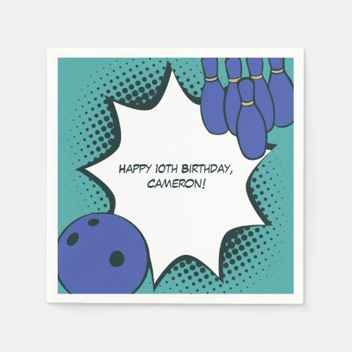 Green_Blue Bowling Happy 10th Birthday Name Paper Napkins