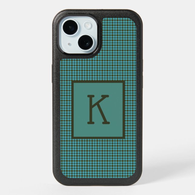 Green Blue Brown Black Plaid Monogram  iPhone 15 Case (Back)