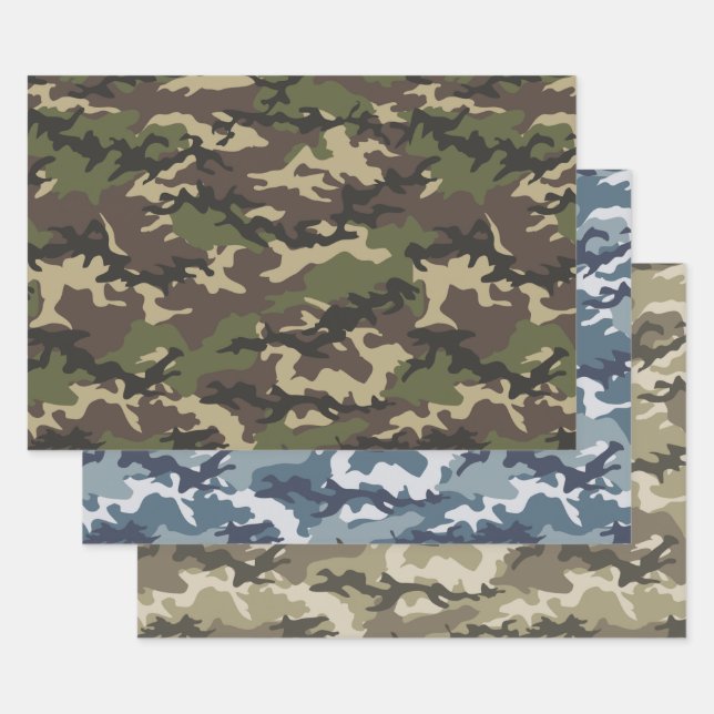 Green, Blue & Brown Camo Camouflage Wrapping Paper Sheets (Set)