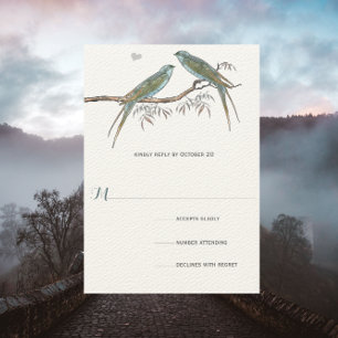 Green Blue Brown Willow Vintage Love Birds Wedding RSVP Card