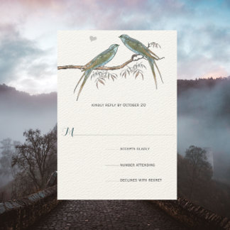 Green Blue Brown Willow Vintage Love Birds Wedding RSVP Card