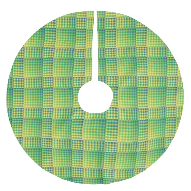 Green Blue Checker Abstract Pattern Brushed Polyester Tree Skirt (Front)