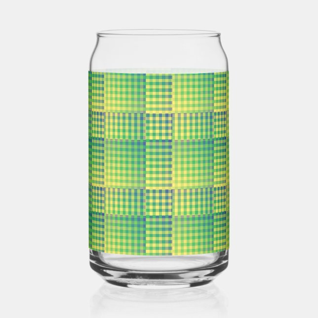 Green Blue Checker Abstract Pattern Can Glass (Front)