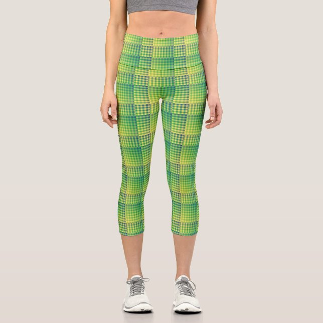 Green Blue Checker Abstract Pattern Capri Leggings (Front)