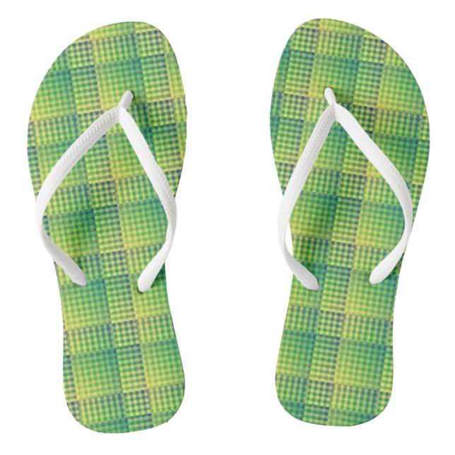 Green Blue Checker Abstract Pattern Flip Flops (Footbed)
