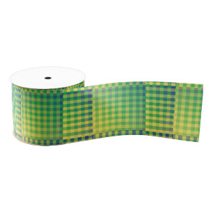 Green Blue Checker Abstract Pattern Grosgrain Ribbon