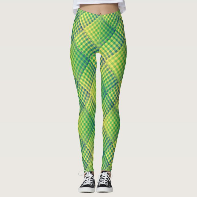 Green Blue Checker Abstract Pattern Leggings (Front)