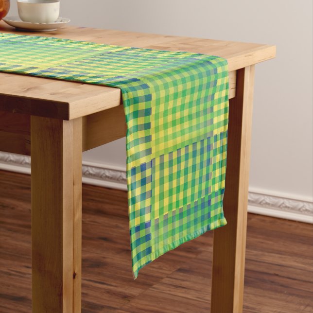 Green Blue Checker Abstract Pattern Medium Table Runner (In Situ)