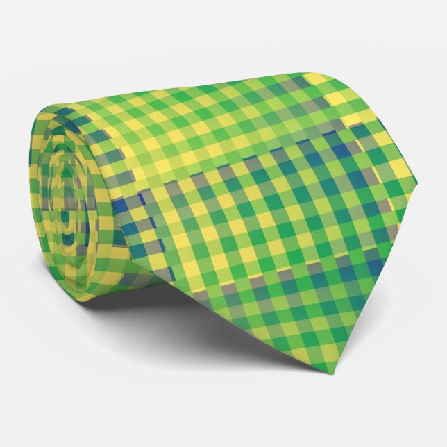 Green Blue Checker Abstract Pattern Neck Tie (Rolled)