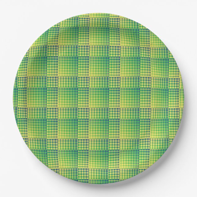 Green Blue Checker Abstract Pattern Paper Plates (Front)