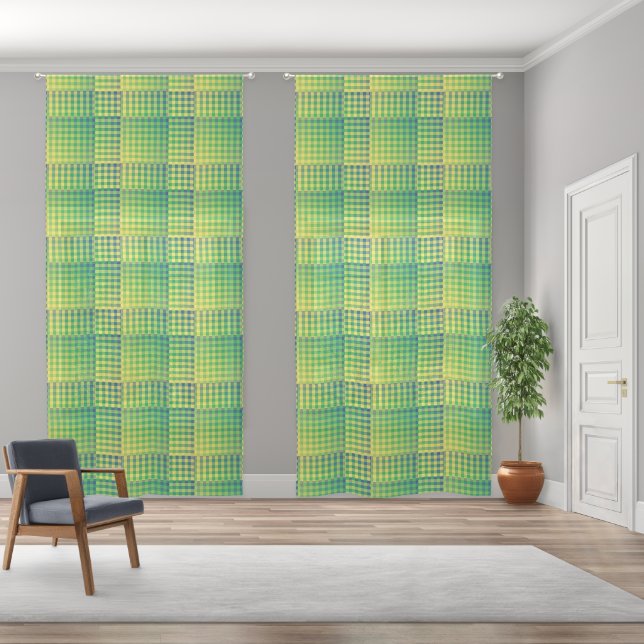 Green Blue Checker Abstract Pattern Sheer Curtains (Wide)