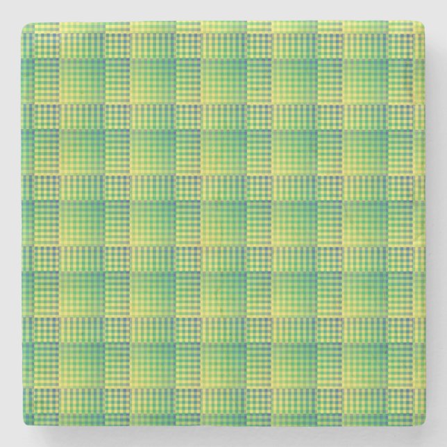 Green Blue Checker Abstract Pattern Stone Coaster (Front)