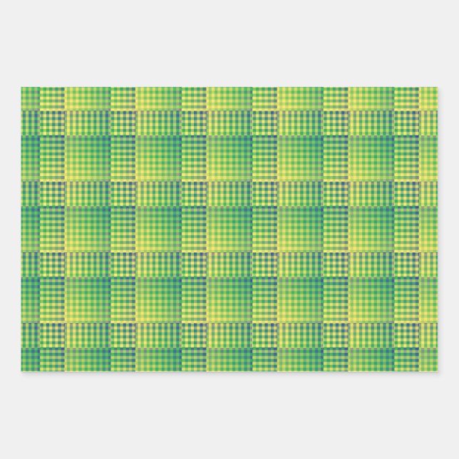 Green Blue Checker Abstract Pattern Wrapping Paper Sheets (Front)