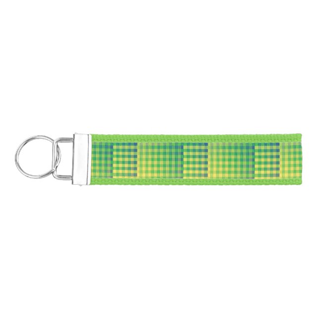 Green Blue Checker Abstract Pattern Wrist Keychain (Keys on Left)