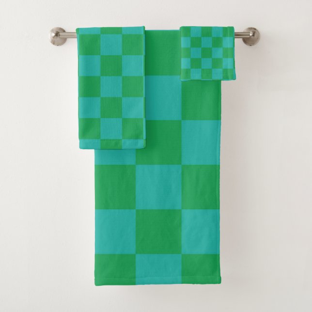Green Blue Checkered Gingham Pattern Bath Towel Set (Insitu)