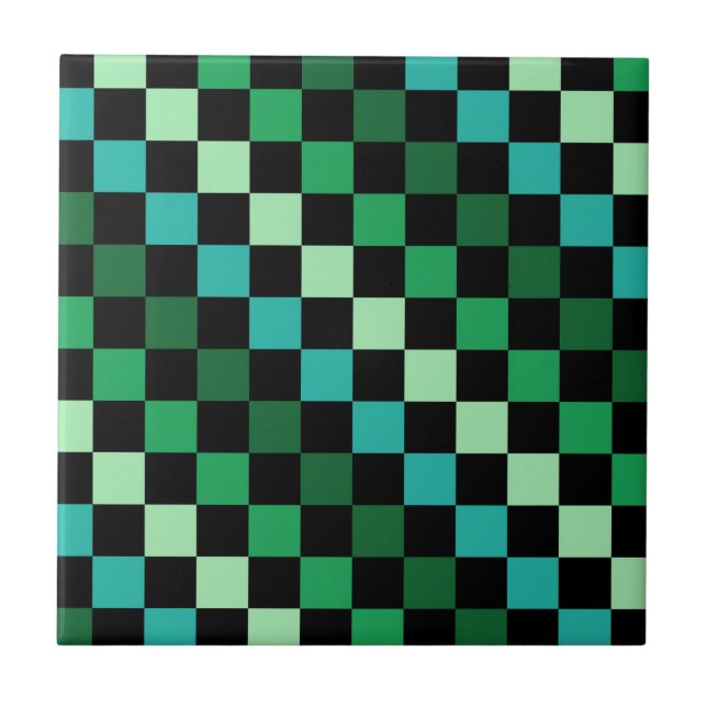 Green Blue Checkered Gingham Pattern Ceramic Tile (Front)