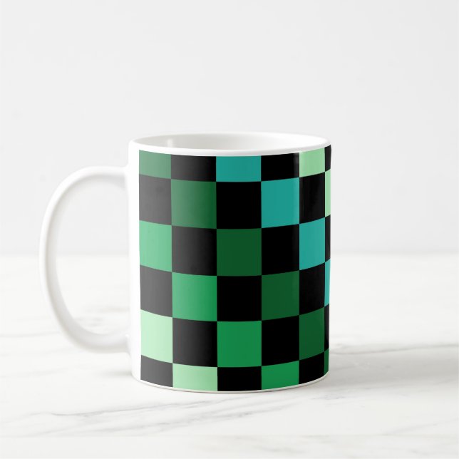 Green Blue Checkered Gingham Pattern Coffee Mug (Left)