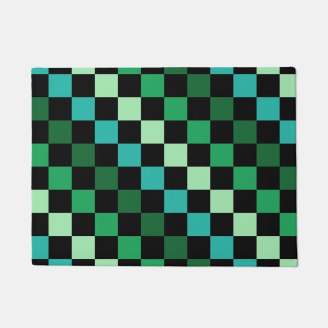 Green Blue Checkered Gingham Pattern Doormat (Front)