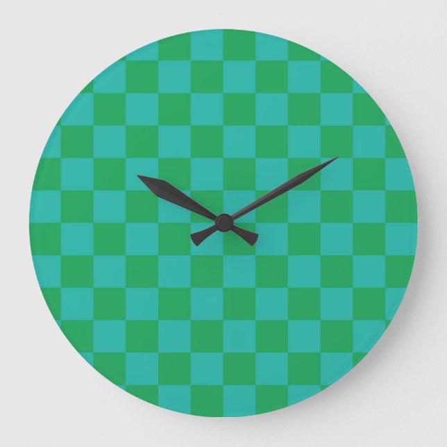 Green Blue Checkered Gingham Pattern Large Clock (Front)