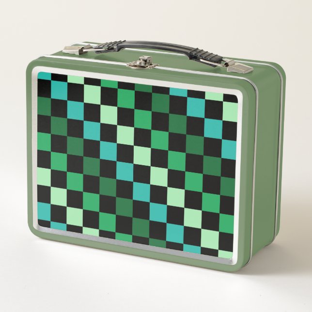 Green Blue Checkered Gingham Pattern Metal Lunch Box (Front)