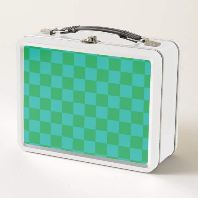 Green Blue Checkered Gingham Pattern Metal Lunch Box (Front)