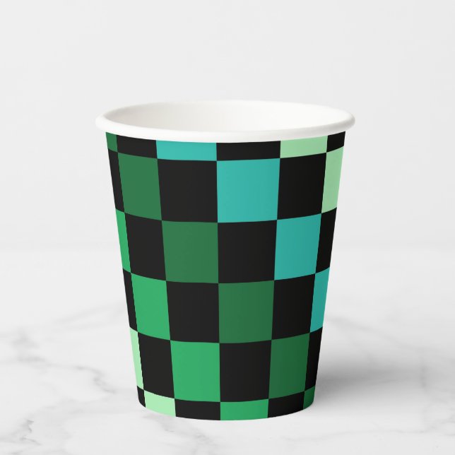 Green Blue Checkered Gingham Pattern Paper Cups (Front)