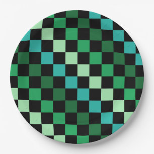 Green Blue Checkered Gingham Pattern Paper Plates
