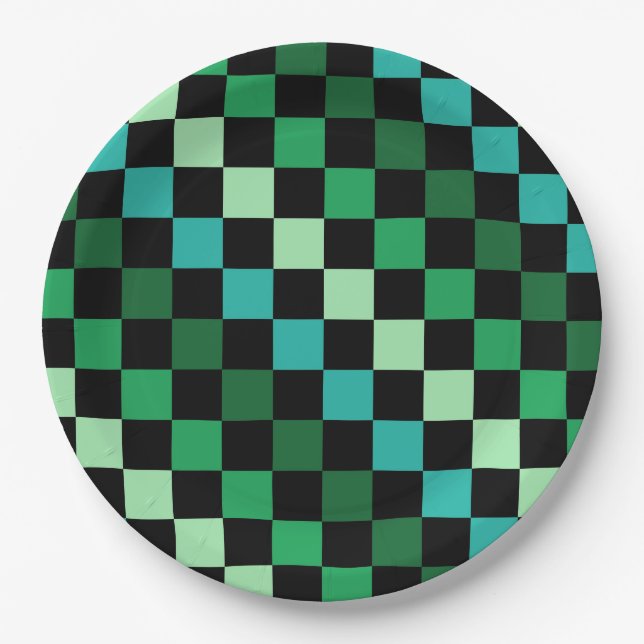 Green Blue Checkered Gingham Pattern Paper Plates (Front)