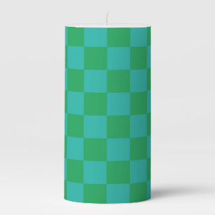 Green Blue Checkered Gingham Pattern Pillar Candle