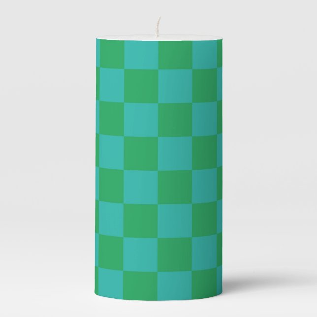 Green Blue Checkered Gingham Pattern Pillar Candle (Front)