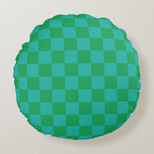 Green Blue Checkered Gingham Pattern Round Pillow (Front)