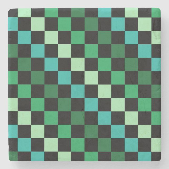 Green Blue Checkered Gingham Pattern Stone Coaster (Front)