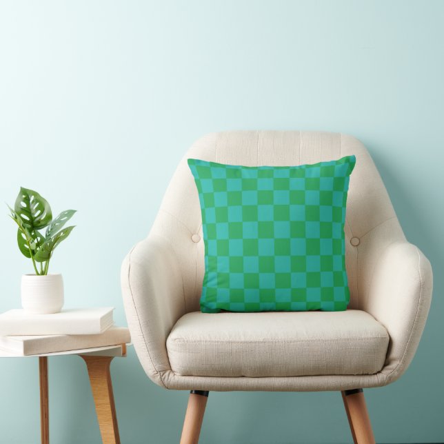 Green Blue Checkered Gingham Pattern Throw Pillow (Chair)